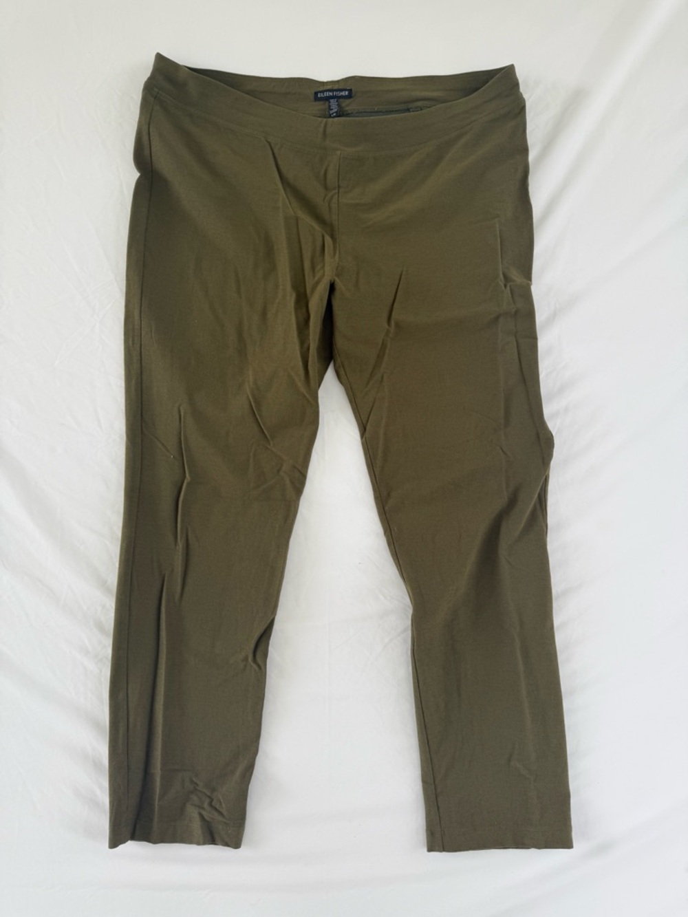 Eileen Fisher Viscose Straight Leg Pants Olive Green Pull On Stretch L